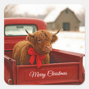 Sticker Carré Vache des Highlands à Noël dans un vieux camion ro