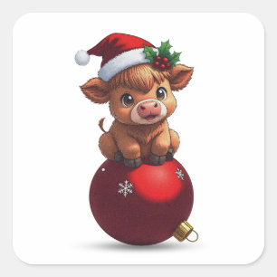 Sticker Carré vache des Highlands bébé adorable assise