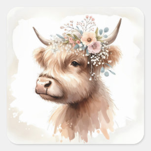 Sticker Carré Vache des Highlands bohème à l'aquarelle avec des 