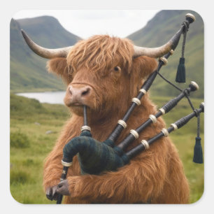 Sticker Carré Vache des Highlands jouant de la cornemuse
