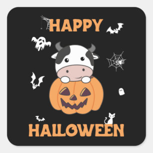 Sticker Carré Vache en Citrouille vaches mignonnes Joyeux Hallow