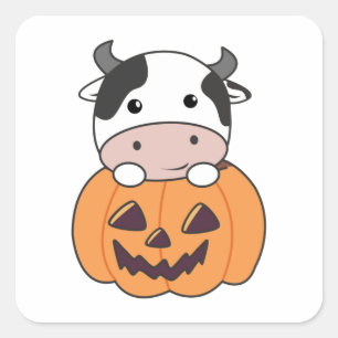 Sticker Carré Vache en Citrouille vaches mignonnes Joyeux Hallow