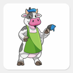 Sticker Carré Vache en peintre avec peinture et tablier