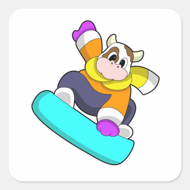 Sticker Carré Vache en snowboard avec snowboard (Devant)