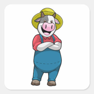 Sticker Carré Vache en tant qu'agriculteur avec Casquette
