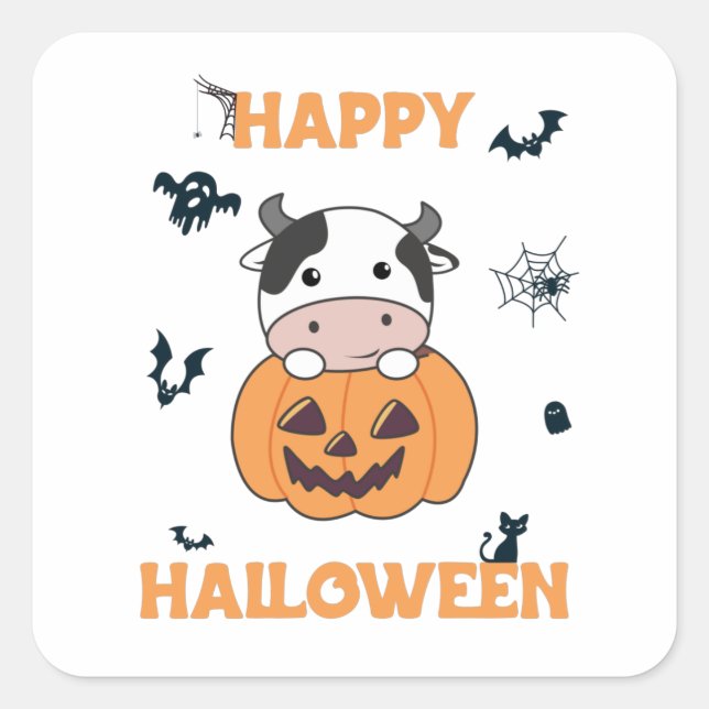 Sticker Carré Vache En Vaches mignonnes Citrouilles Bonne Hallow (Devant)