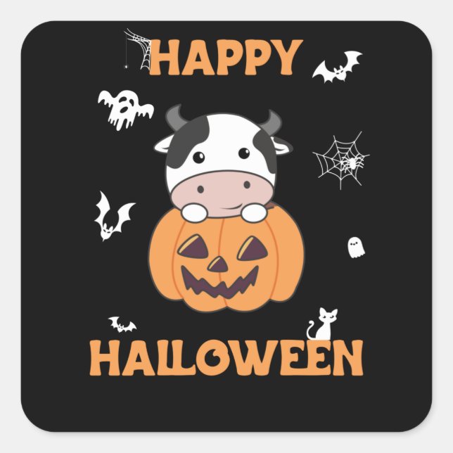 Sticker Carré Vache En Vaches mignonnes Citrouilles Bonne Hallow (Devant)