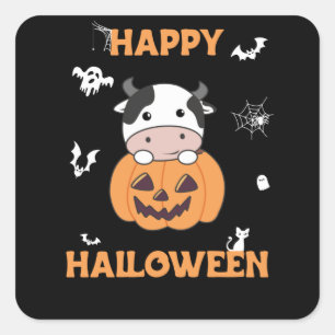 Sticker Carré Vache En Vaches mignonnes Citrouilles Bonne Hallow