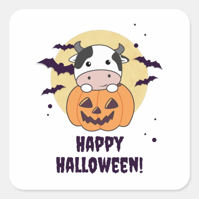 Sticker Carré Vache En Vaches mignonnes Citrouilles Bonne Hallow (Devant)