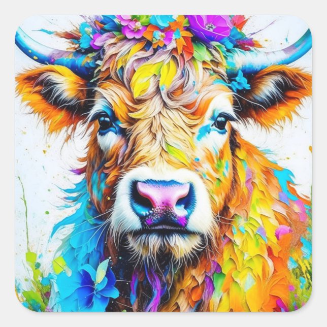 Sticker Carré Vache Florale Highland (Devant)