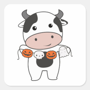 Sticker Carré Vache Happy Halloween Citrouille Chat Costume Carr