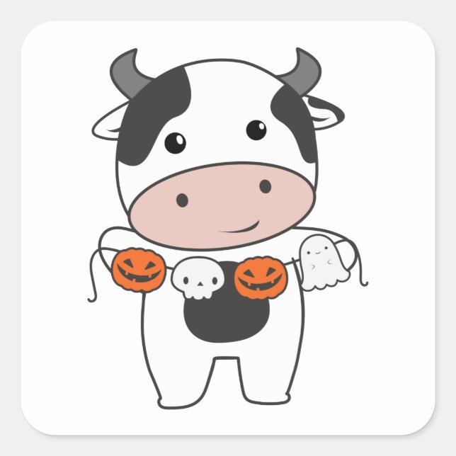 Sticker Carré Vache Happy Halloween Citrouille Chat Costume Carr (Devant)