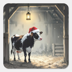 Sticker Carré Vache Hereford de Noël dans l'encadrement d'une po