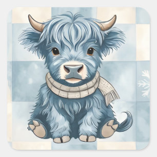 Sticker Carré Vache Highland à carreaux bleus Mignonne