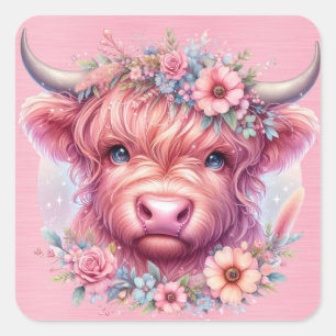 Sticker Carré Vache Highland avec tête Rose