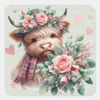 Sticker Carré Vache Highland avec tête Rose Bouquet Valentine
