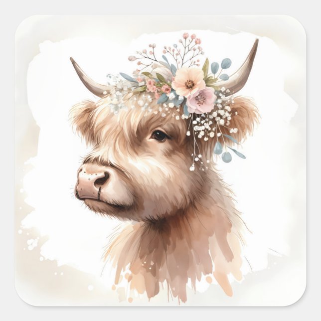 Sticker Carré Vache Highland Bohème Aquarelle Avec Fleurs (Devant)