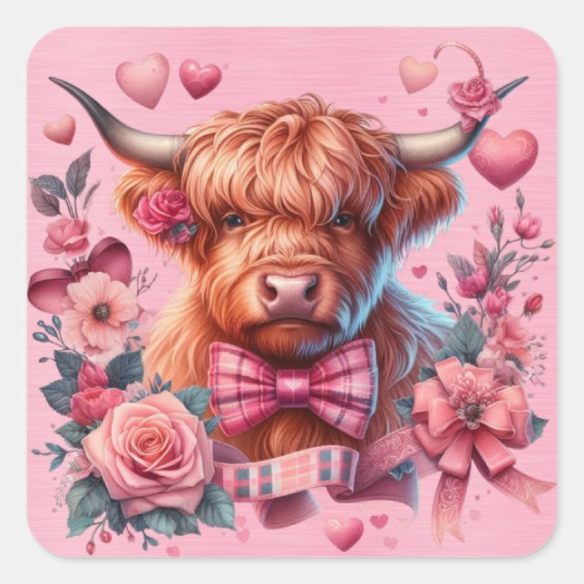 Sticker Carré Vache Highland Entourée De Jolies Fleurs (Devant)