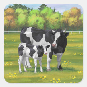 Sticker Carré Vache Holstein et veau mignon en pâturage d'été