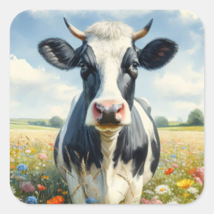 Sticker Carré Vache laitière fleur sauvage Holstein