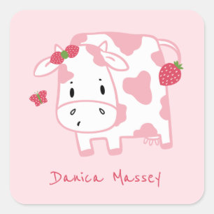 Sticker Carré Vache mûre de fraise et papillon Nom