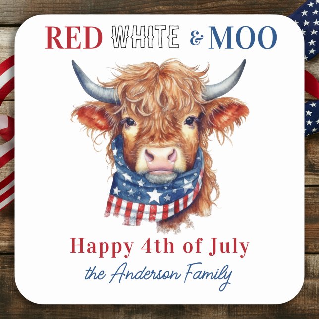 Sticker Carré Vache patriotique Joyeux 4 juillet Rouge Blanc Ble (Créateur téléchargé)
