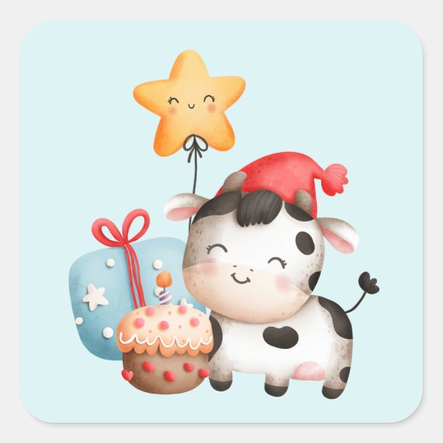 Sticker Carré Vache souriante mignonne adorable Anniversaire (Devant)