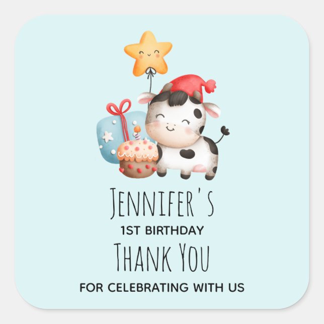 Sticker Carré Vache souriante mignonne adorable Merci d'annivers (Devant)