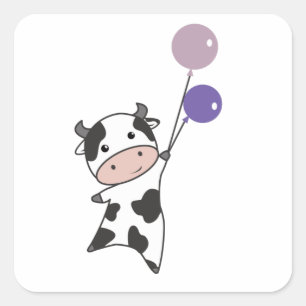 Sticker Carré Vache Veau Mouches Ballons vers le haut de mignons