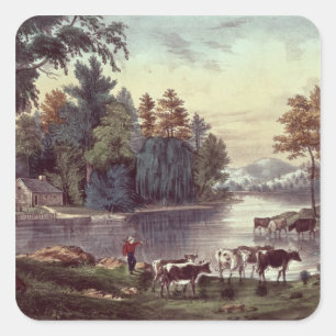 Sticker Carré Vaches sur la rive d'un lac