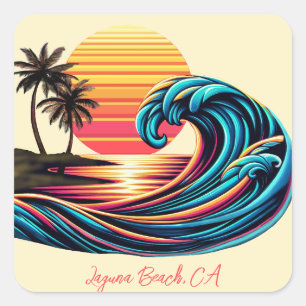 Sticker Carré Vague de Surf rétro Sunset