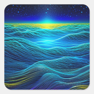 Sticker Carré Vagues bleu éthérée et coucher de soleil océanique