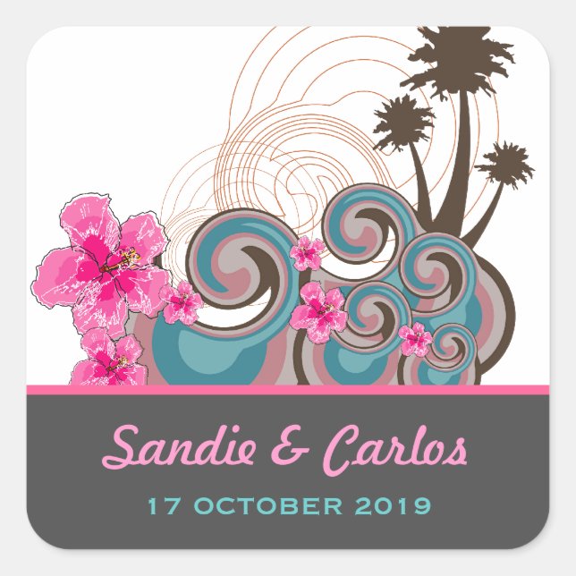 Sticker Carré Vagues tropicales Hibiscus rose Destination Mariag (Devant)