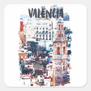 Sticker Carré Valencia Espagne Architecture Aquarelle Ville