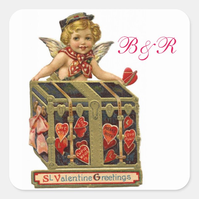 STICKER CARRÉ VALENTINE CUPIDE ET CAFÉ PLEIN DE COEURS MONOGRAMM (Devant)