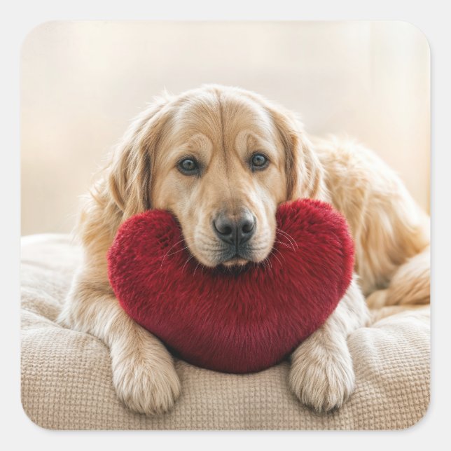 Sticker Carré Valentine Golden Retriever with Heart Pillow (Devant)