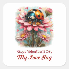 Sticker Carré  Valentine Love Bug on Blossoms Rose