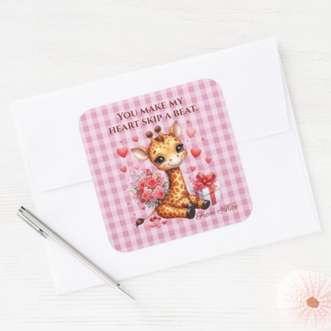 Sticker Carré Valentine Love Rose Bouquet Giraffe (Enveloppe)