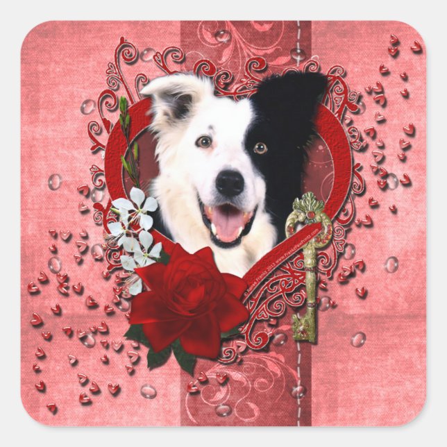 Sticker Carré Valentines - Clé de mon coeur - Bordure Collie (Devant)