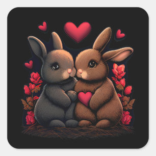 Sticker Carré Valentine's Day Bunny Bliss, Love Hearts et Roses