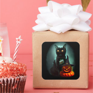 Sticker Carré Vampire Chat et Assistant Citrouille Halloween Sur
