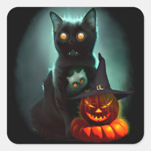 Sticker Carré Vampire Chat et Assistant Citrouille Halloween Sur
