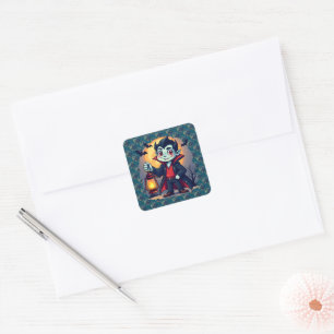 Sticker Carré Vampire mignon avec Lantern Kawaii Halloween