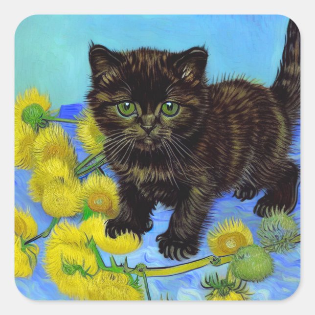 Sticker Carré Van Gogh Style Chat avec tournesol (Devant)