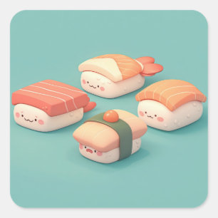Sticker Carré Variété adorable de sushi en pâte à modeler joyeus