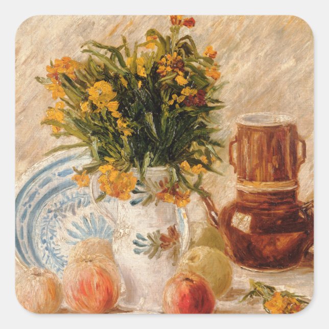 Sticker Carré Vase avec Fleurs, Café et Fruit, van Gogh (Devant)