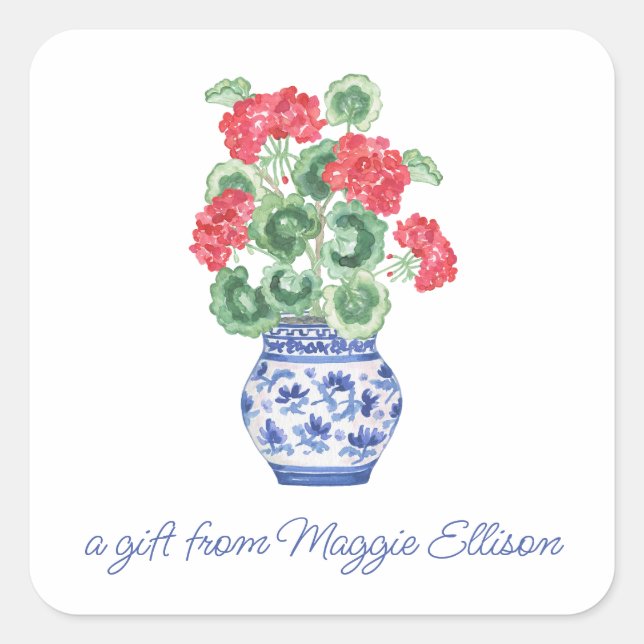 Sticker Carré Vase Chinoiserie de Red Geraniums Cadeau (Devant)