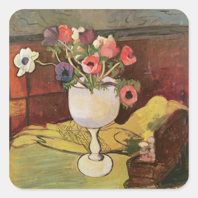 Sticker Carré Vase de fleurs, anémones en verre blanc (Devant)