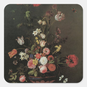 Sticker Carré Vase de fleurs baroques anciennes nature morte