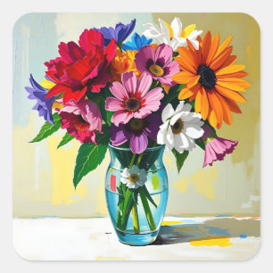 Sticker Carré Vase de fleurs colorées de style Impasto